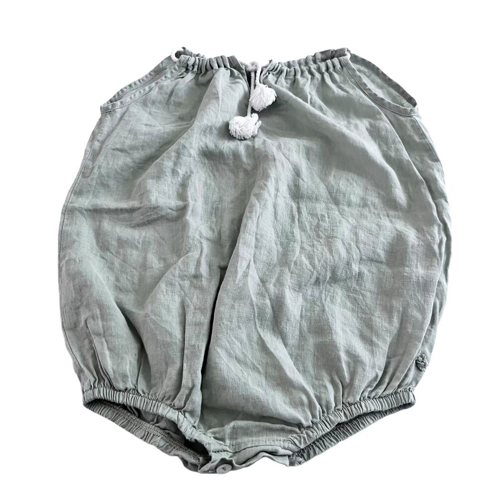 Tocoto Vintage girls green linen blend tie front bubble romper one piece size 2